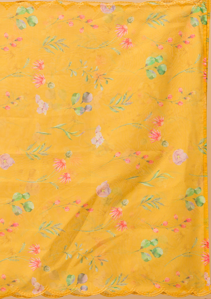 Mustard Yellow Cotton Applique Straight Kurta With Regular Pant And Dupatta
