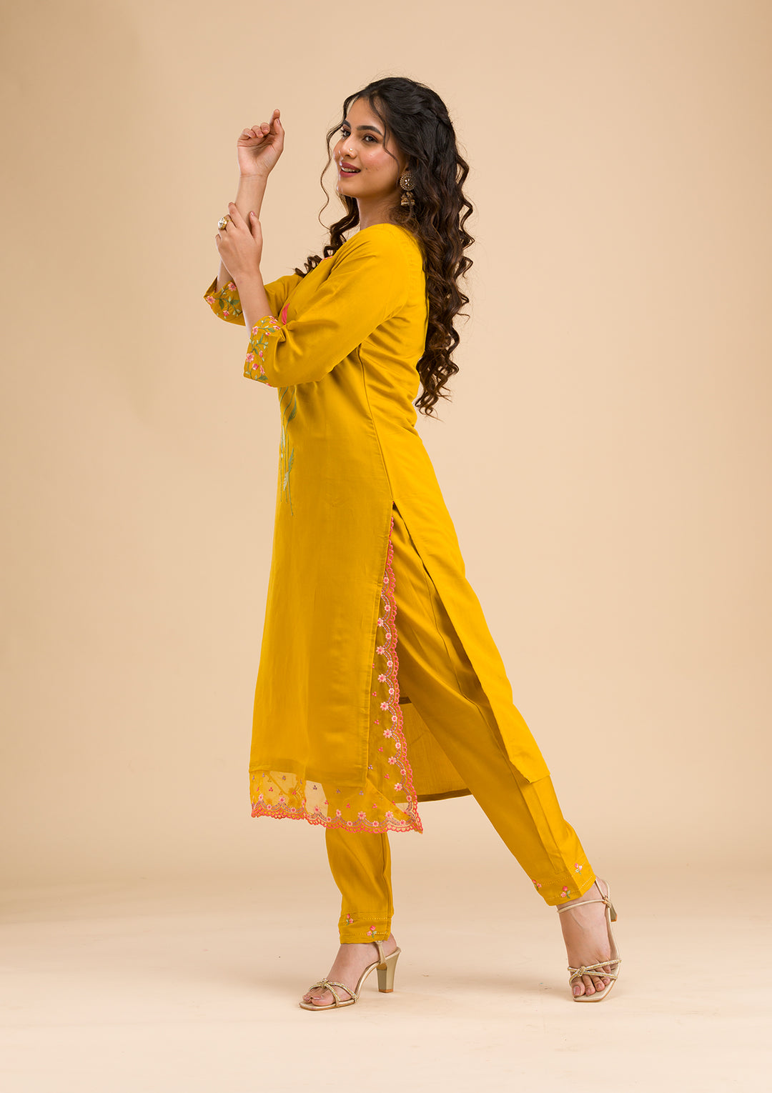 Mustard Yellow Cotton Applique Straight Kurta With Regular Pant And Dupatta