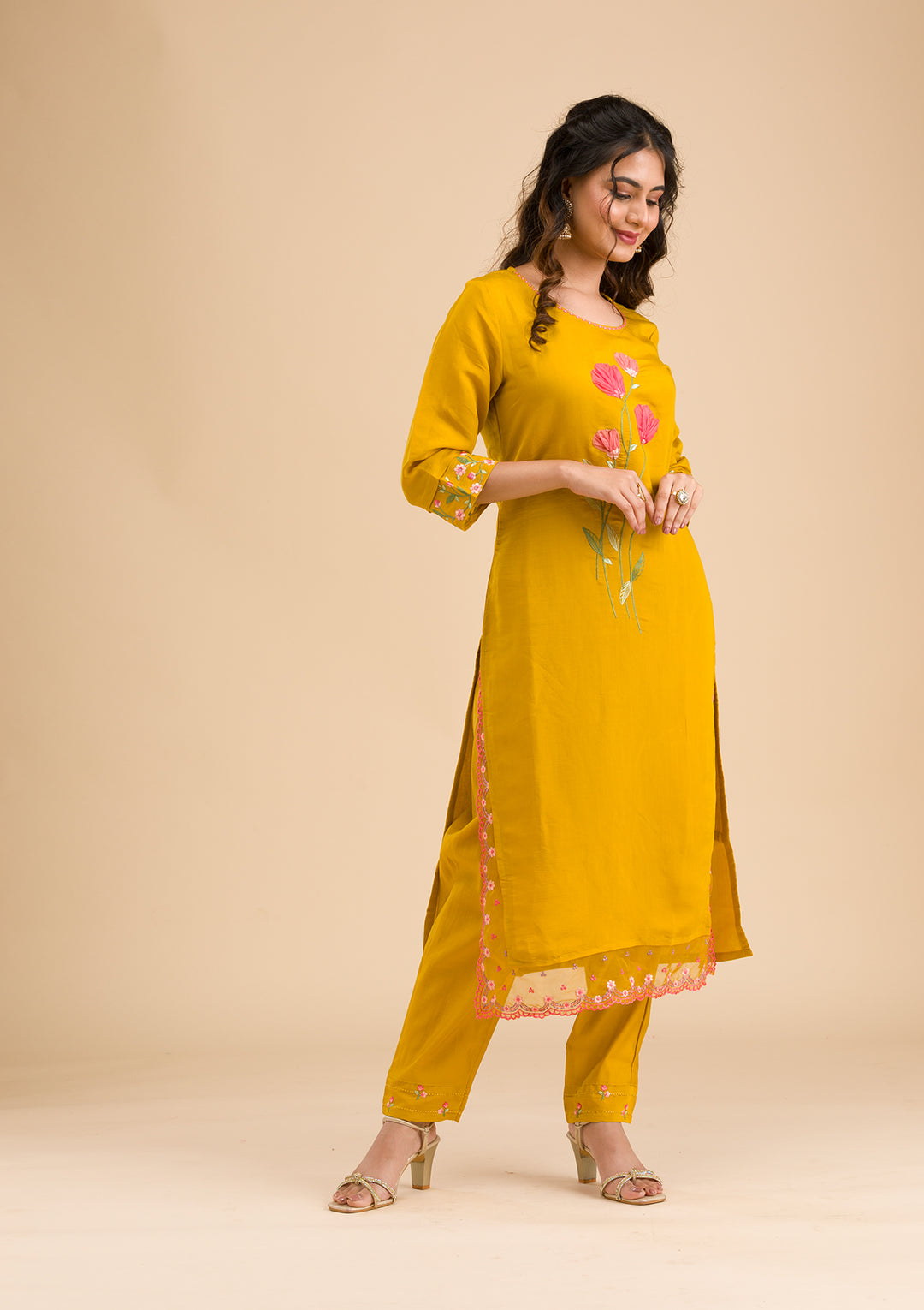 Mustard Yellow Cotton Applique Straight Kurta With Regular Pant And Dupatta