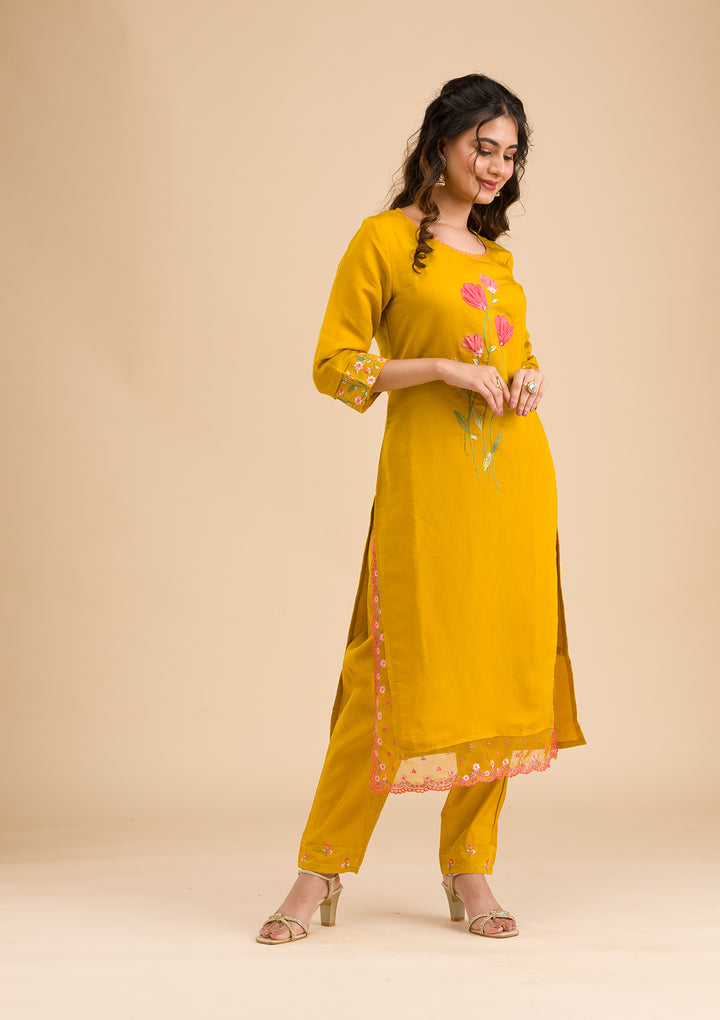 Mustard Yellow Cotton Applique Straight Kurta With Regular Pant And Dupatta