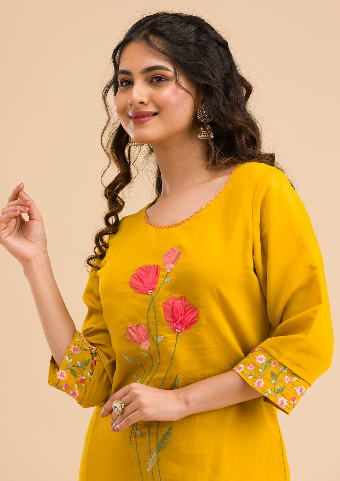 Mustard Yellow Cotton Applique Straight Kurta With Regular Pant And Dupatta