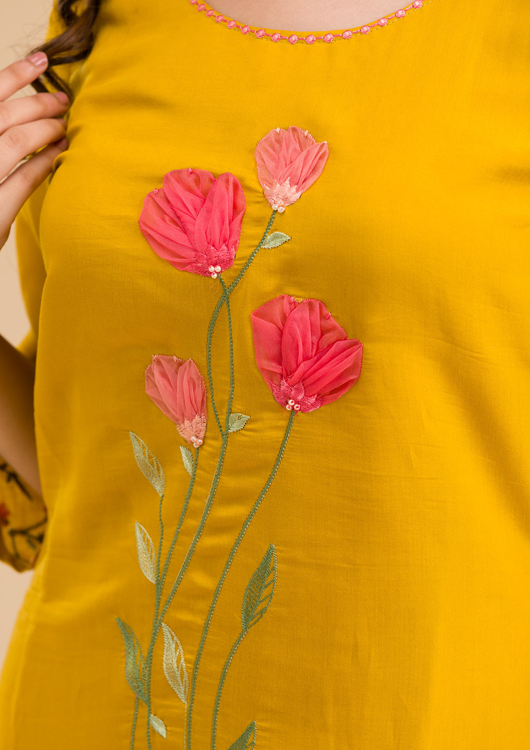 Mustard Yellow Cotton Applique Straight Kurta With Regular Pant And Dupatta