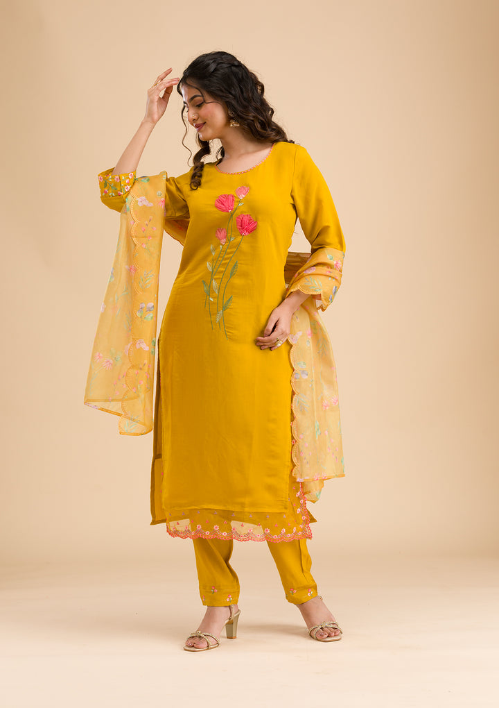 Mustard Yellow Cotton Applique Straight Kurta With Regular Pant And Dupatta