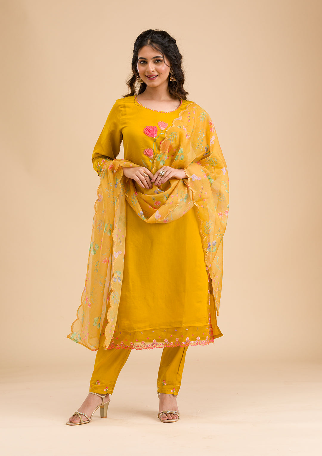Mustard Yellow Cotton Applique Straight Kurta With Regular Pant And Dupatta