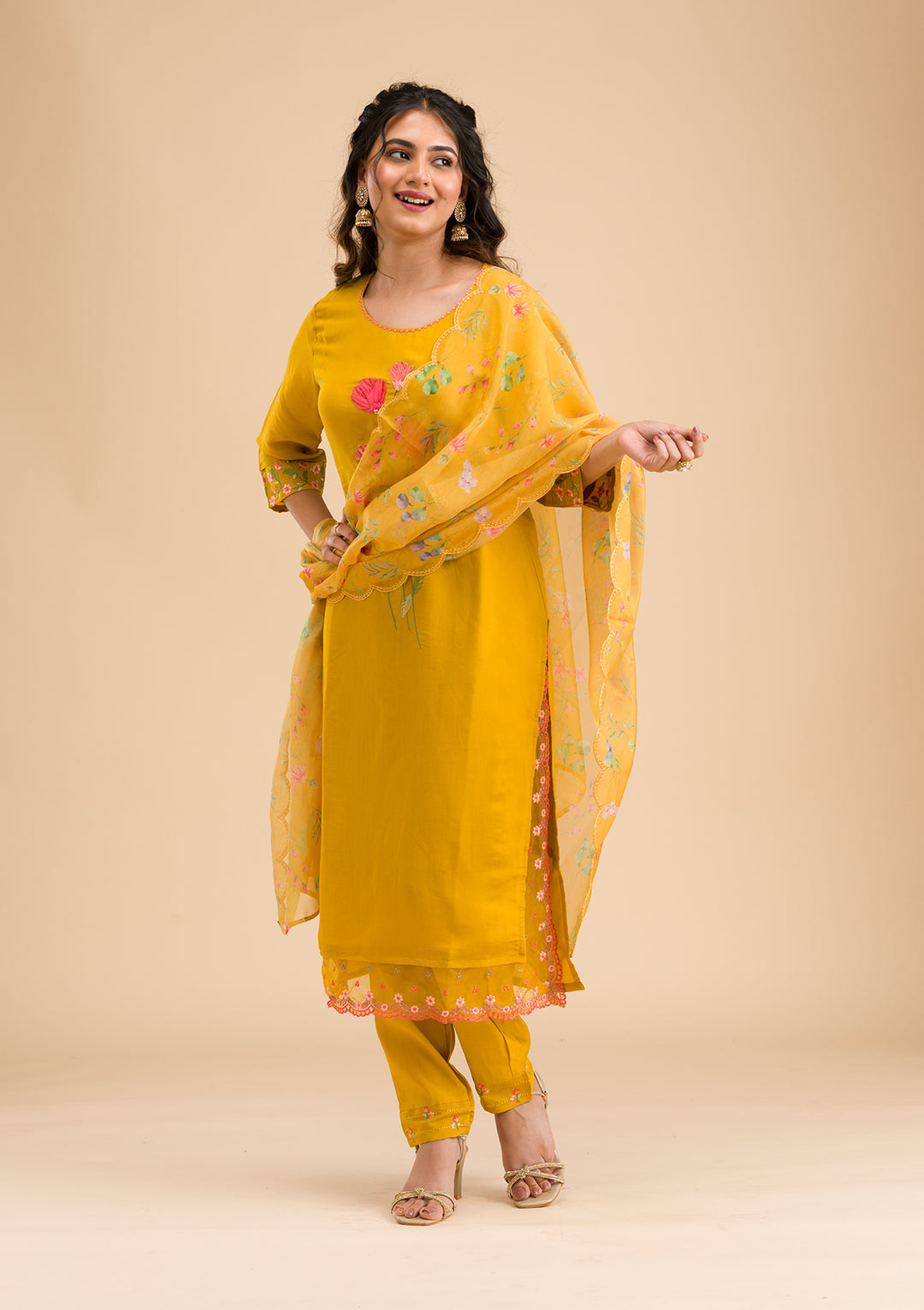 Mustard Yellow Cotton Applique Straight Kurta With Regular Pant And Dupatta