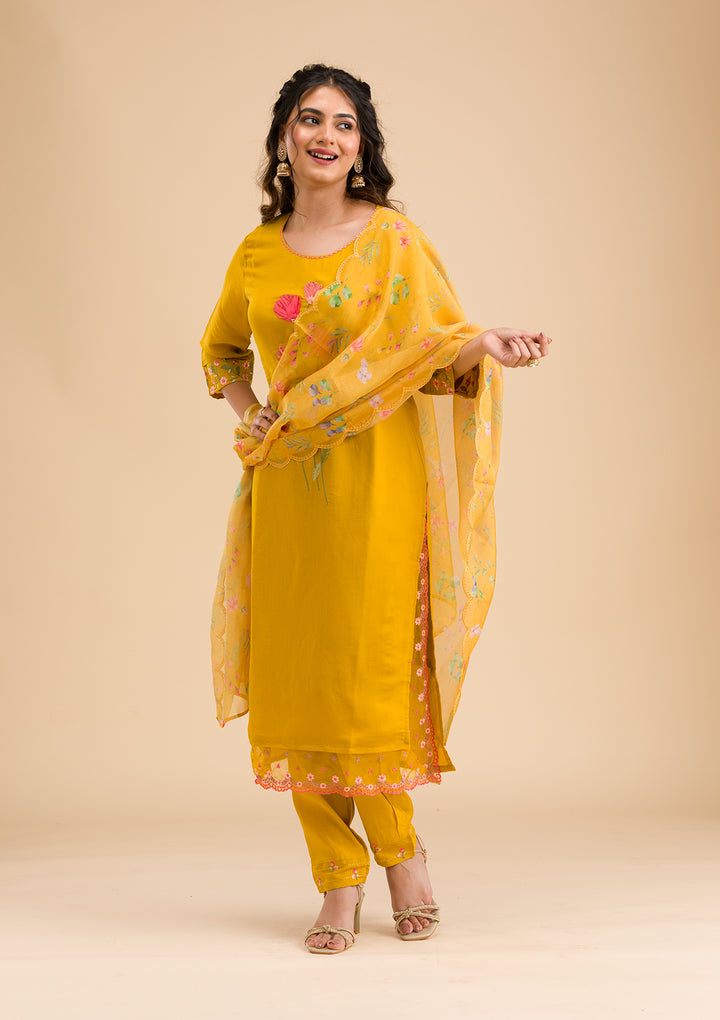 Mustard Yellow Cotton Applique Straight Kurta With Regular Pant And Dupatta