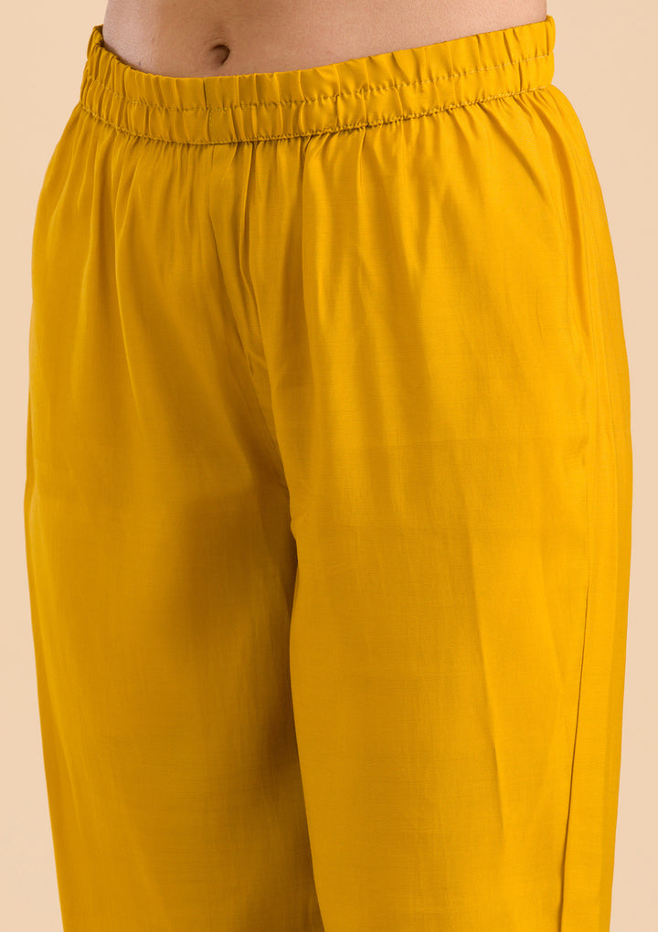 Mustard Yellow Cotton Applique Straight Kurta With Regular Pant And Dupatta