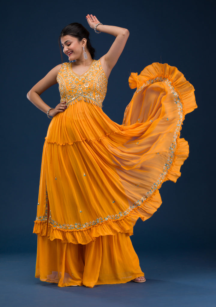 Koskii Georgette Orange Salwar Suit – Ready-to-Wear with Exquisite Mirrorwork