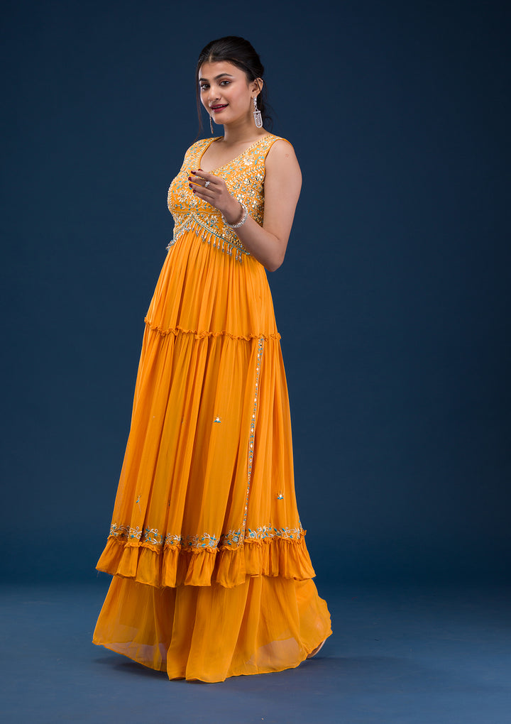 Koskii Georgette Orange Salwar Suit – Ready-to-Wear with Exquisite Mirrorwork