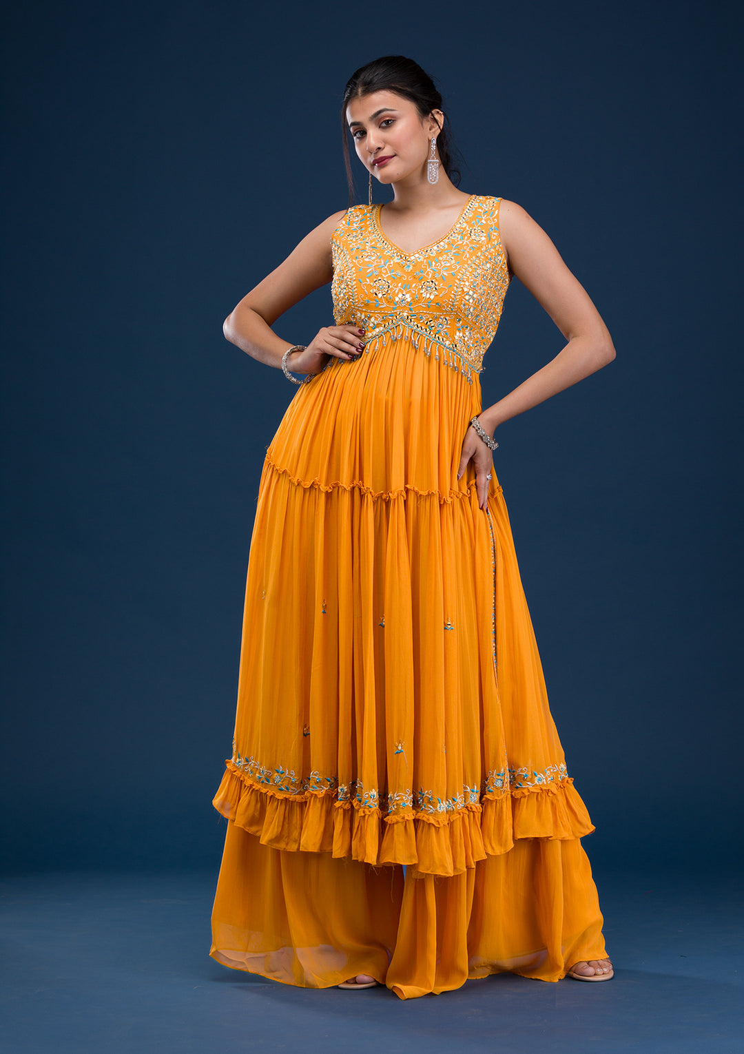 Koskii Georgette Orange Salwar Suit – Ready-to-Wear with Exquisite Mirrorwork