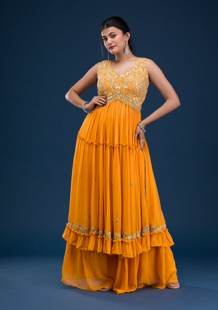 Koskii Georgette Orange Salwar Suit – Ready-to-Wear with Exquisite Mirrorwork