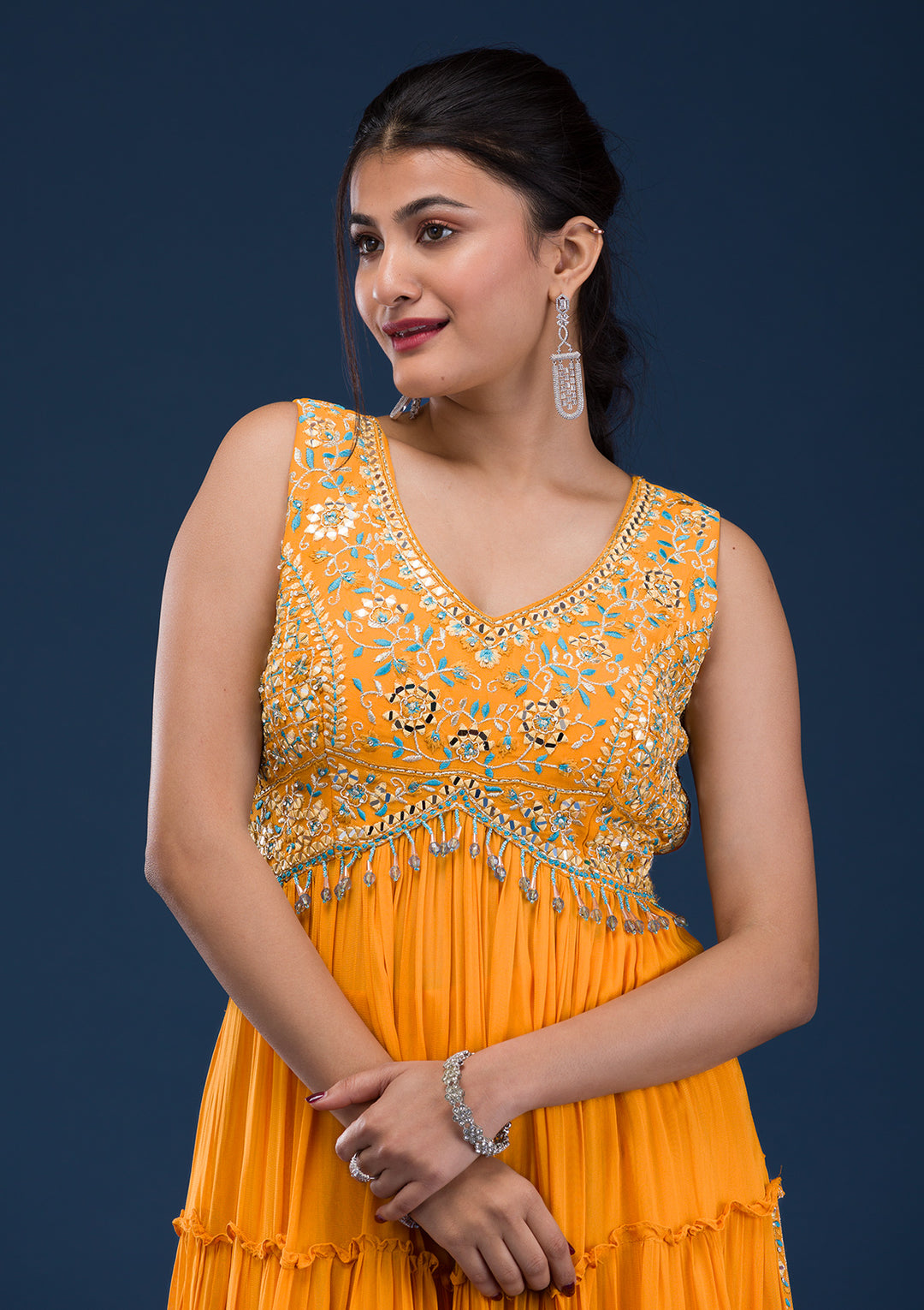 Koskii Georgette Orange Salwar Suit – Ready-to-Wear with Exquisite Mirrorwork