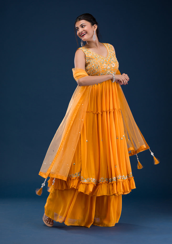 Koskii Georgette Orange Salwar Suit – Ready-to-Wear with Exquisite Mirrorwork
