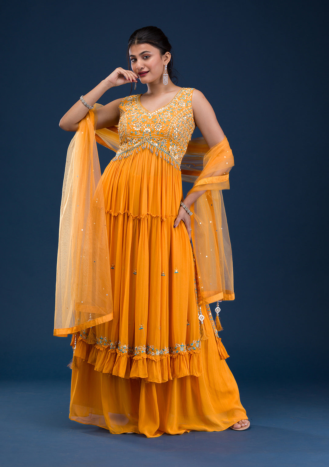 Koskii Georgette Orange Salwar Suit – Ready-to-Wear with Exquisite Mirrorwork