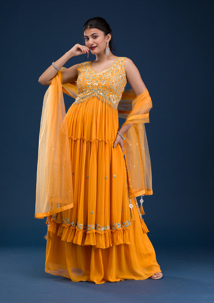 Koskii Georgette Orange Salwar Suit – Ready-to-Wear with Exquisite Mirrorwork