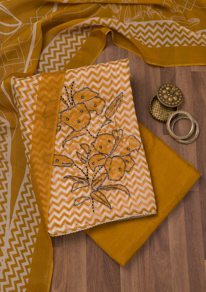 Mustard Printed Semi Crepe Unstitched Salwar Suit