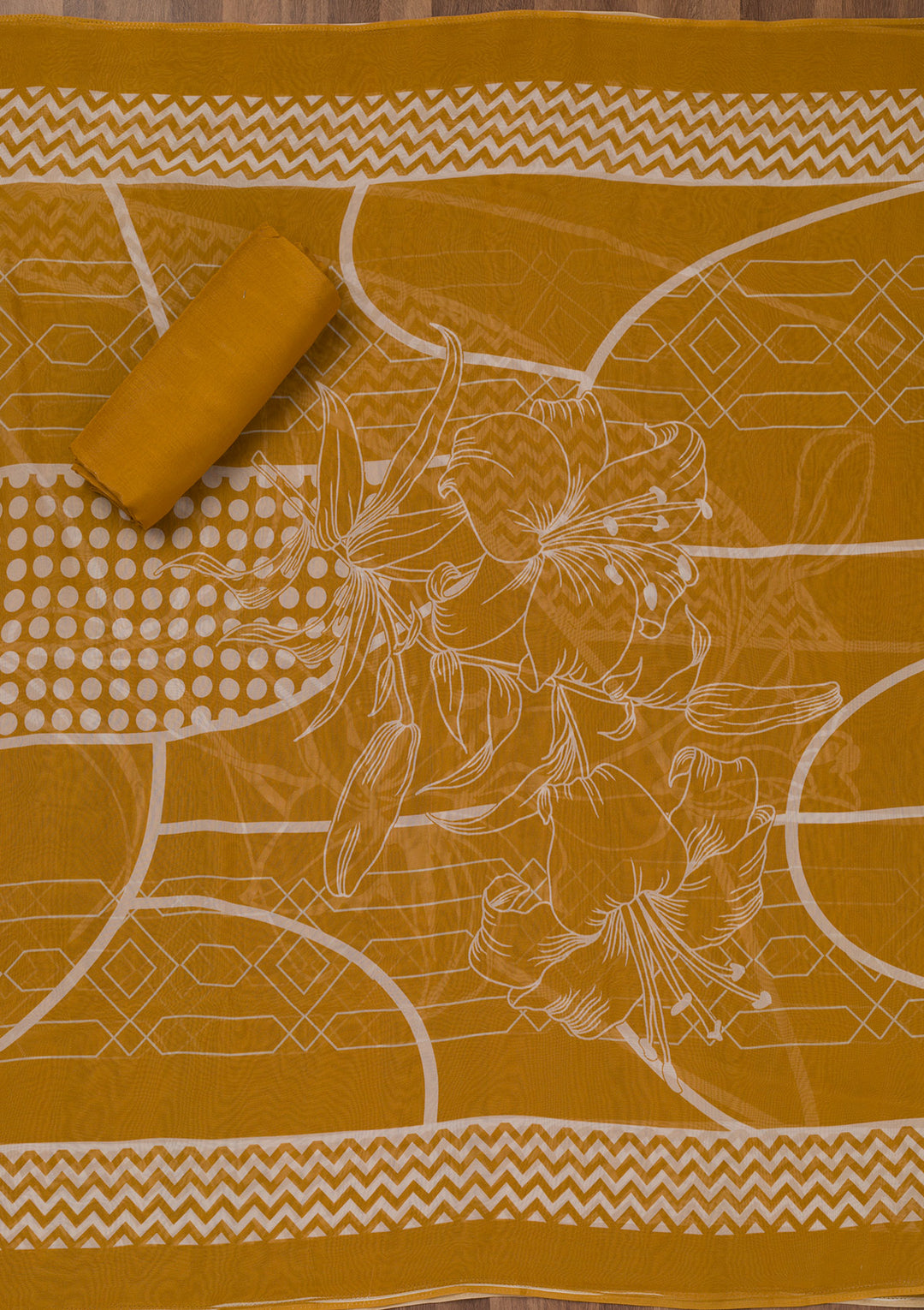 Mustard Printed Semi Crepe Unstitched Salwar Suit