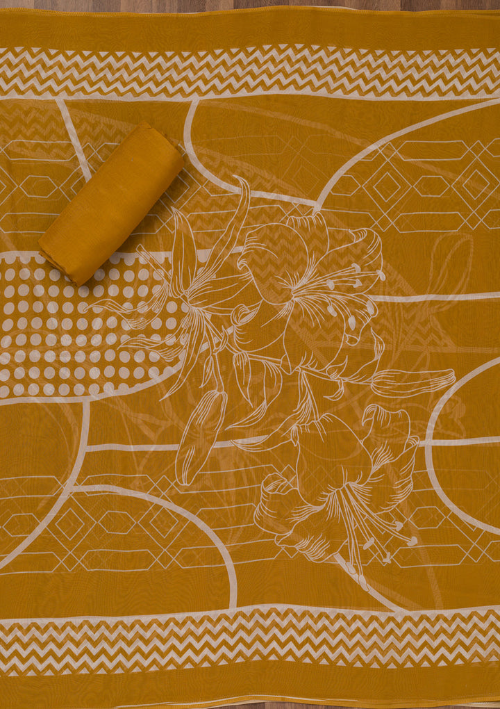 Mustard Printed Semi Crepe Unstitched Salwar Suit