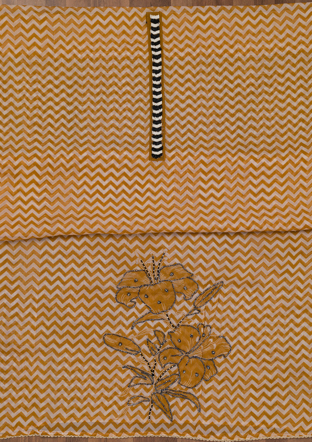 Mustard Printed Semi Crepe Unstitched Salwar Suit