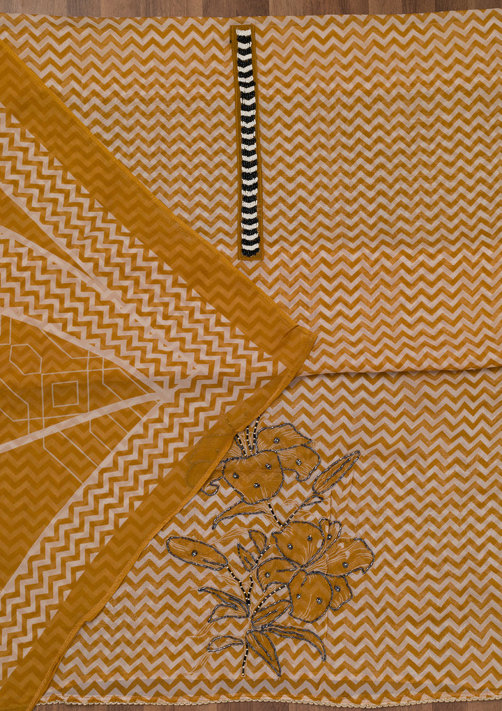 Mustard Printed Semi Crepe Unstitched Salwar Suit