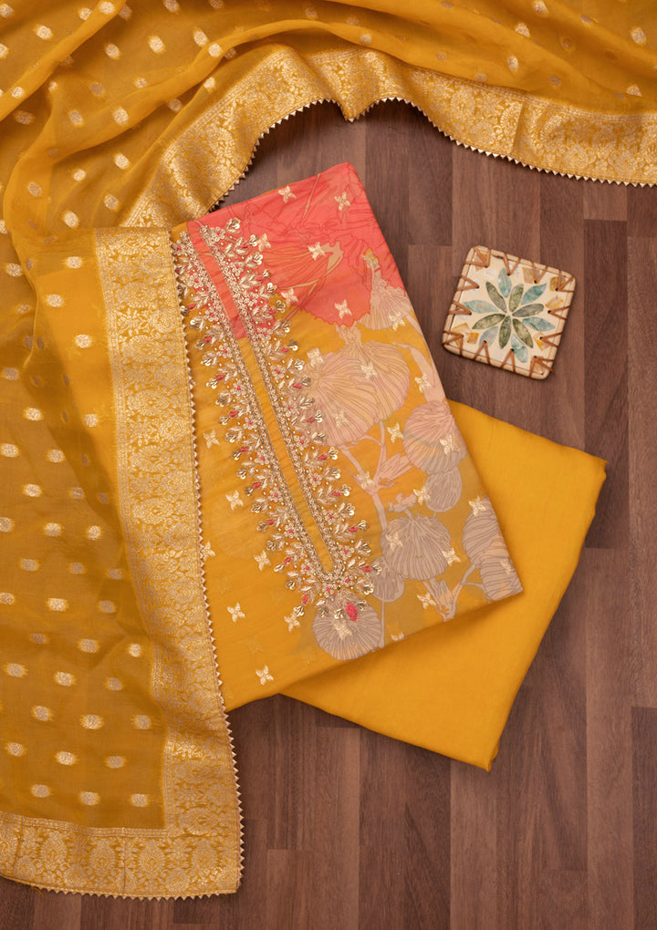 Koskii Organza Yellow Salwar Suit – Unstitched with Sequin Embroidery