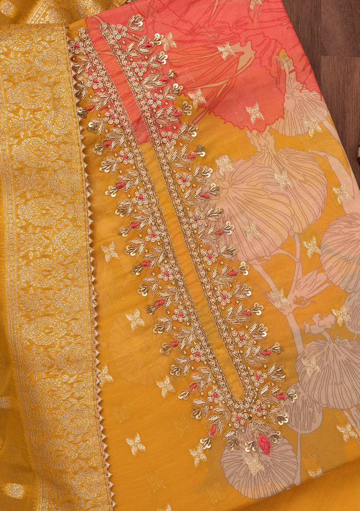 Koskii Organza Yellow Salwar Suit – Unstitched with Sequin Embroidery