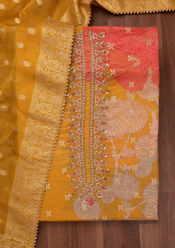 Koskii Organza Yellow Salwar Suit – Unstitched with Sequin Embroidery