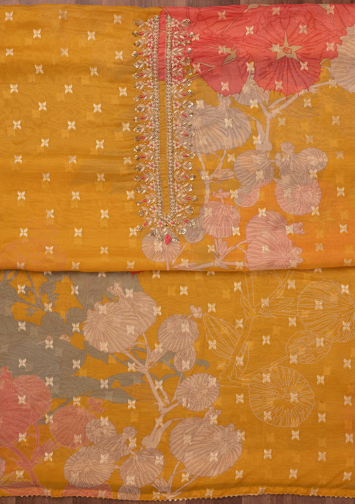 Koskii Organza Yellow Salwar Suit – Unstitched with Sequin Embroidery
