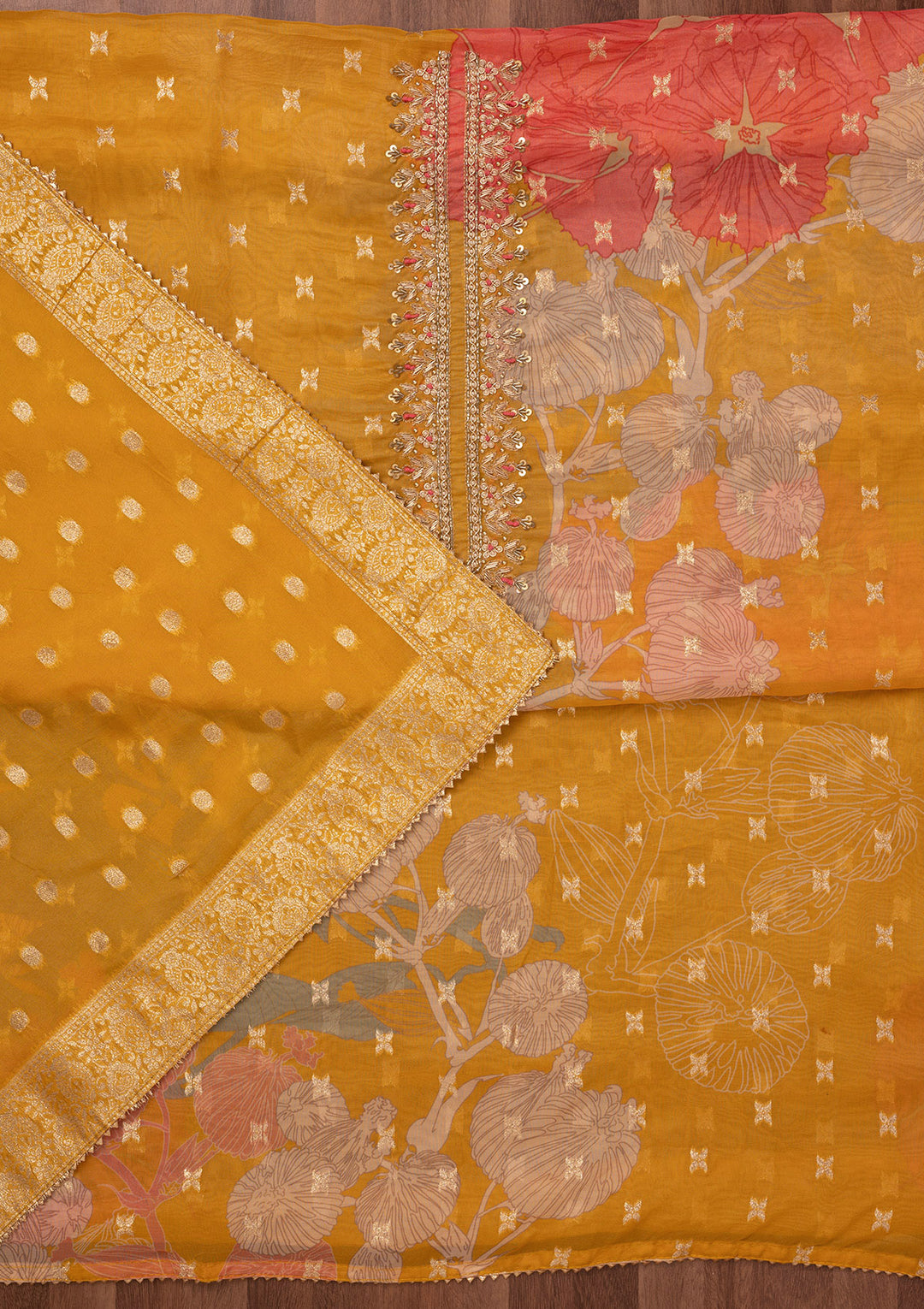 Koskii Organza Yellow Salwar Suit – Unstitched with Sequin Embroidery