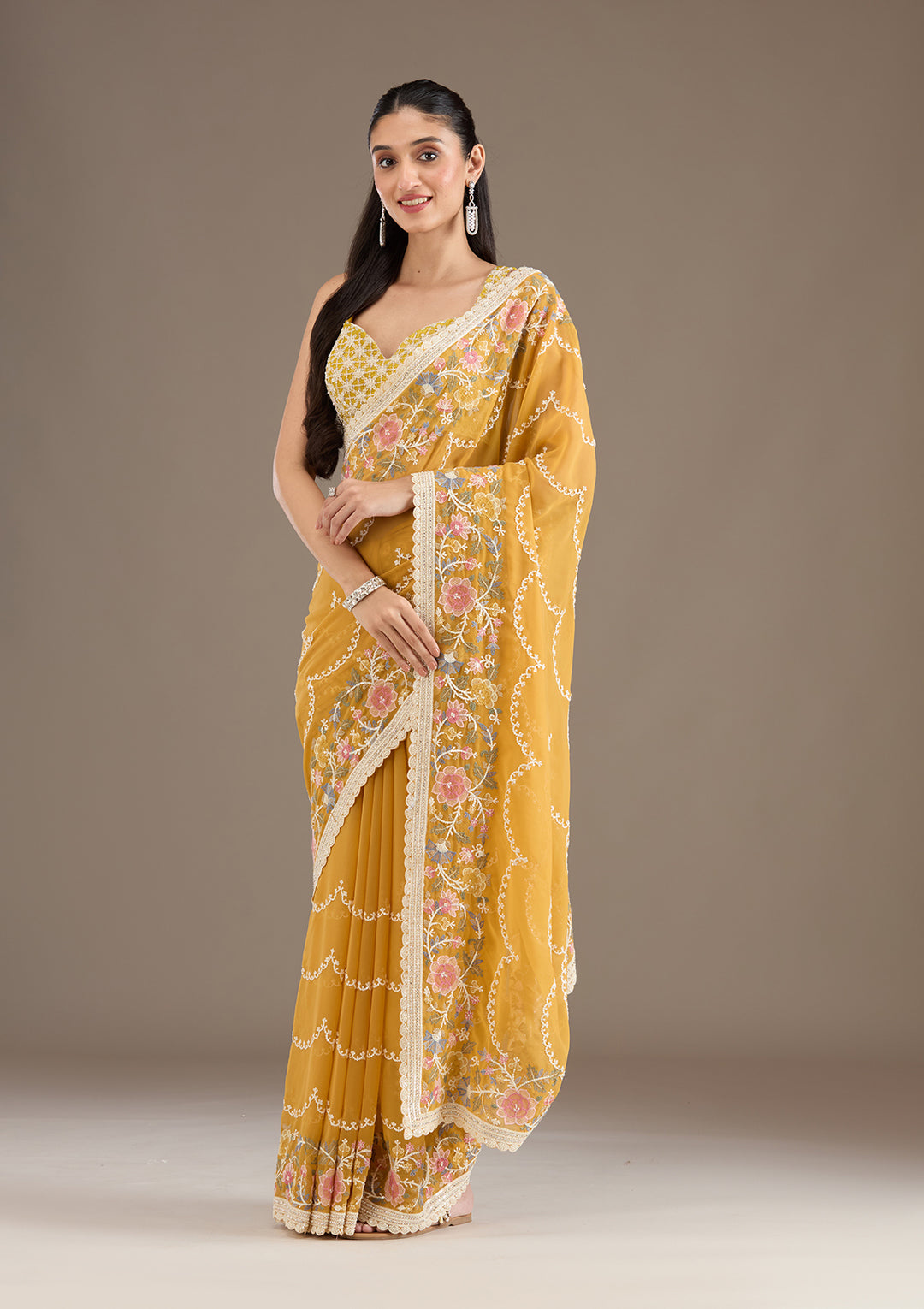 Mustard Sequins Tissue Saree