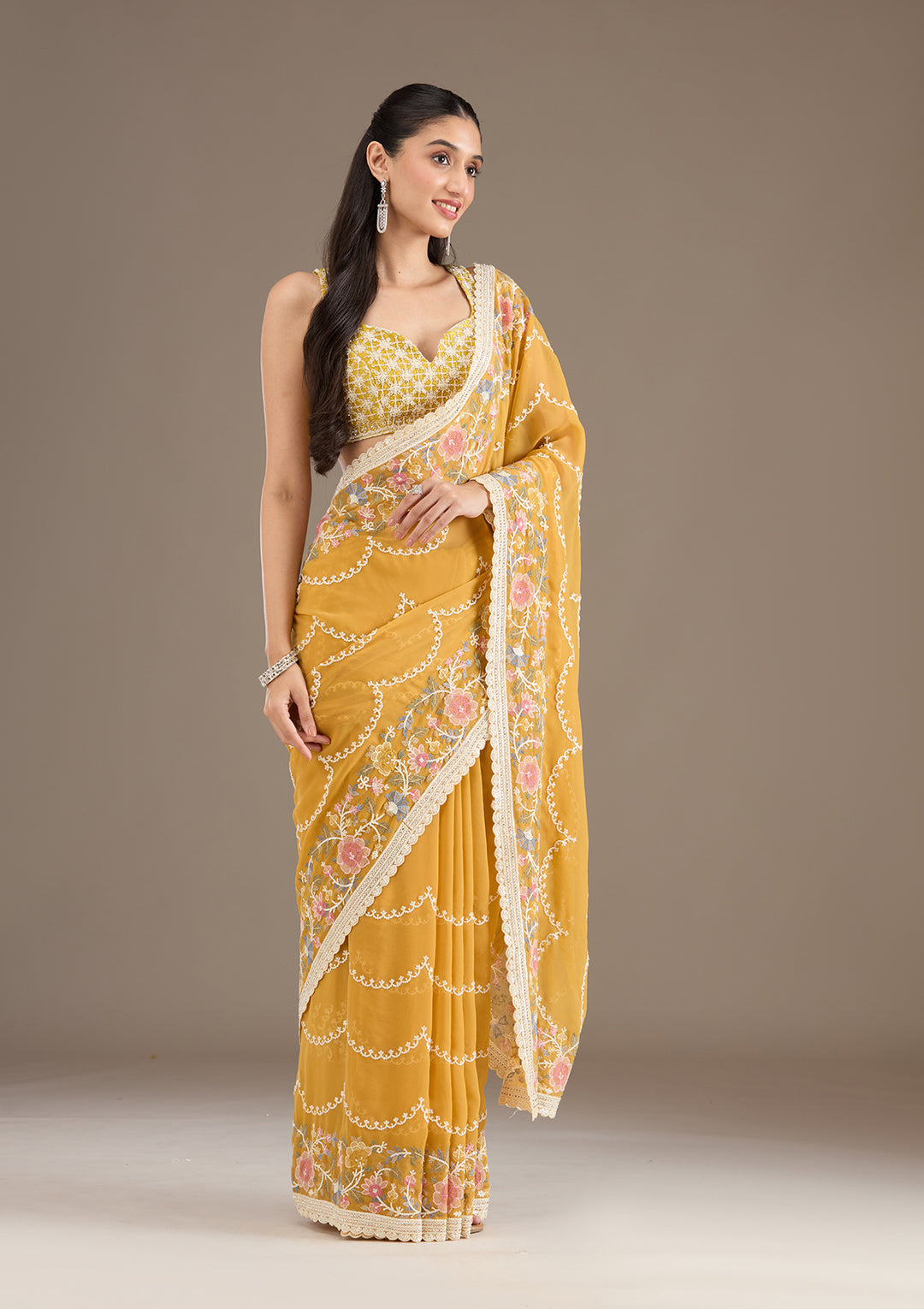 Mustard Sequins Tissue Saree