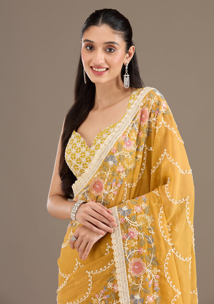 Mustard Sequins Tissue Saree