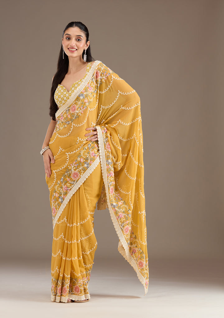 Mustard Sequins Tissue Saree