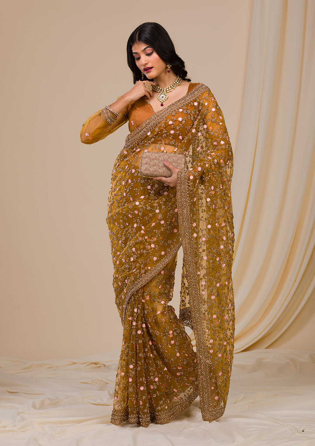 Mustard Stonework Net Saree