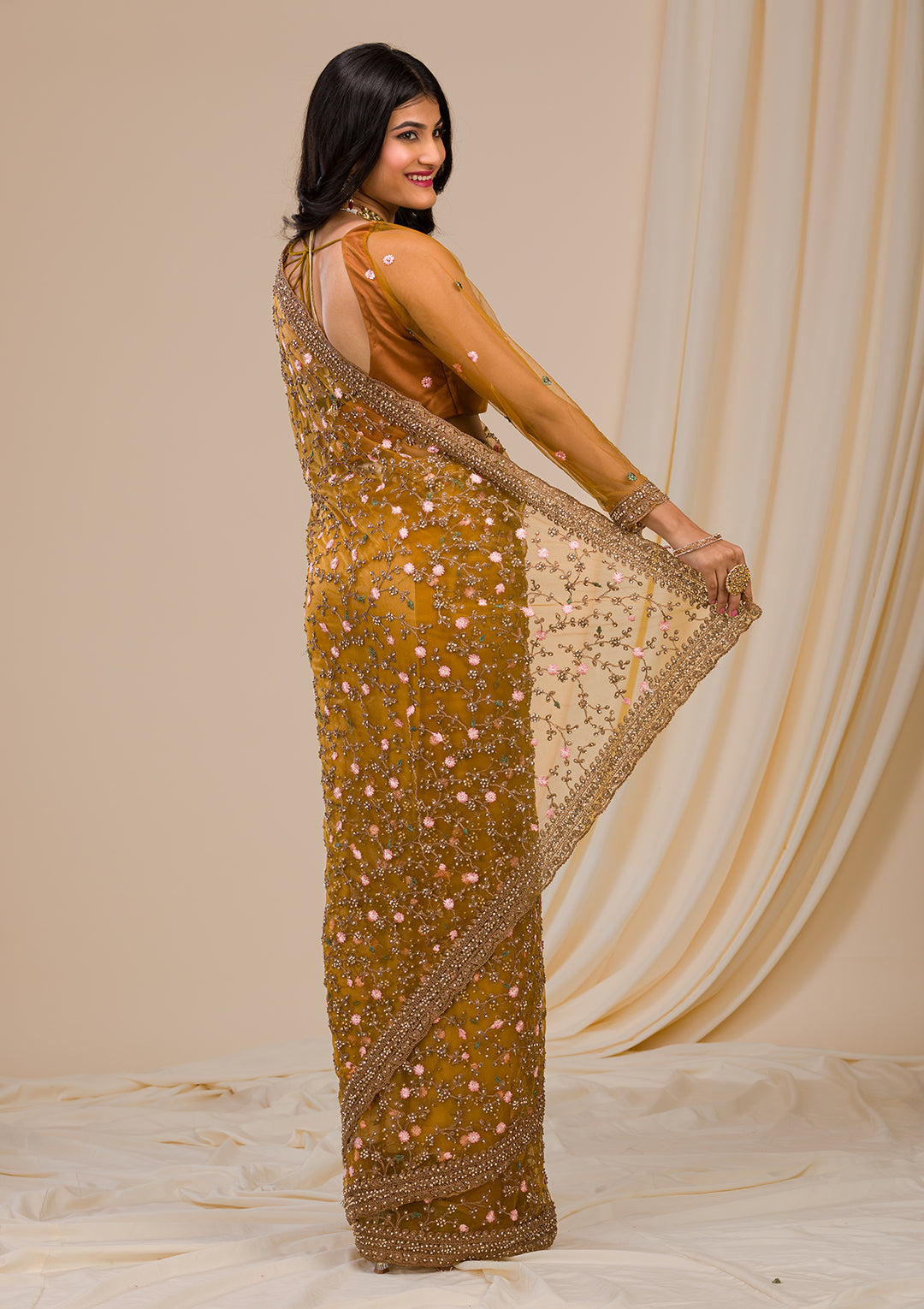 Mustard Stonework Net Saree
