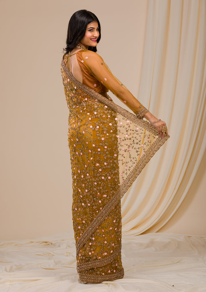 Mustard Stonework Net Saree