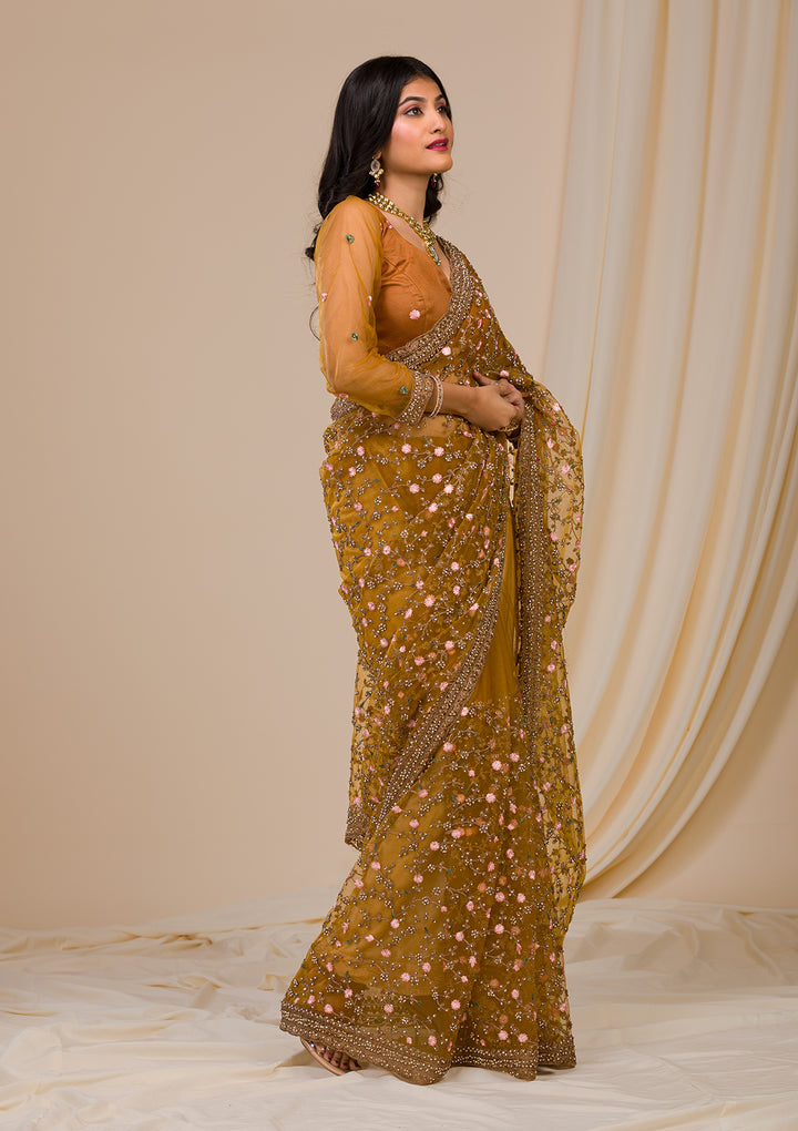 Mustard Stonework Net Saree
