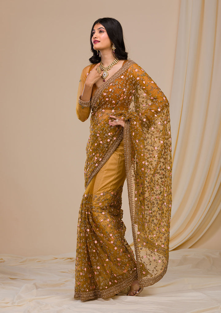 Mustard Stonework Net Saree