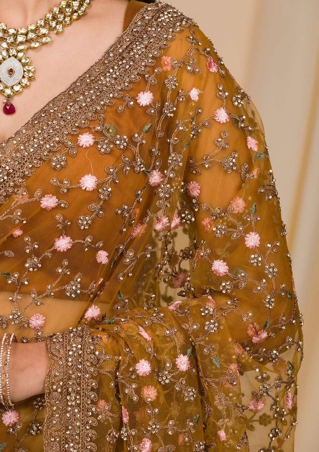 Mustard Stonework Net Saree