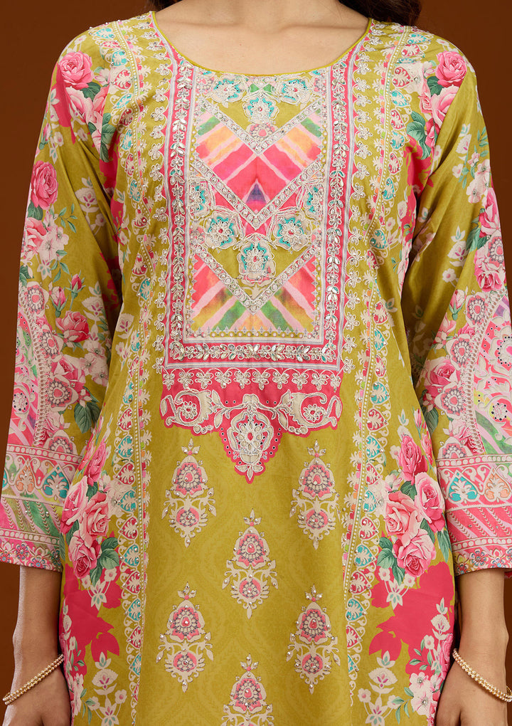 Mustard Stonework Semi Crepe Readymade Salwar Suit