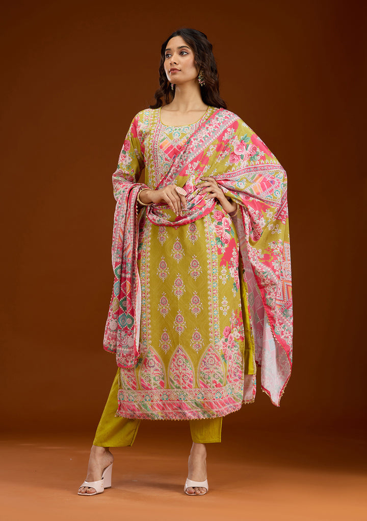 Mustard Stonework Semi Crepe Readymade Salwar Suit