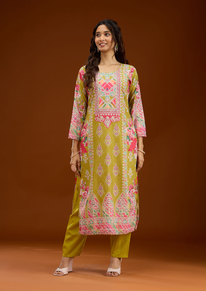 Mustard Stonework Semi Crepe Readymade Salwar Suit