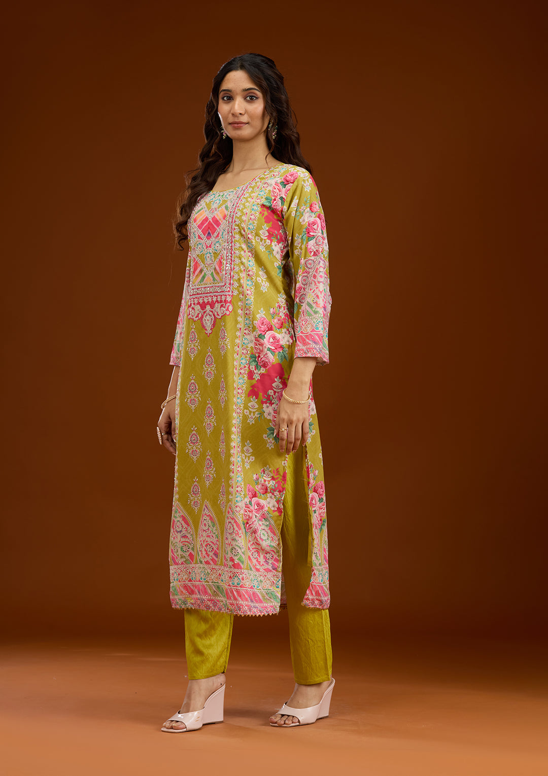 Mustard Stonework Semi Crepe Readymade Salwar Suit