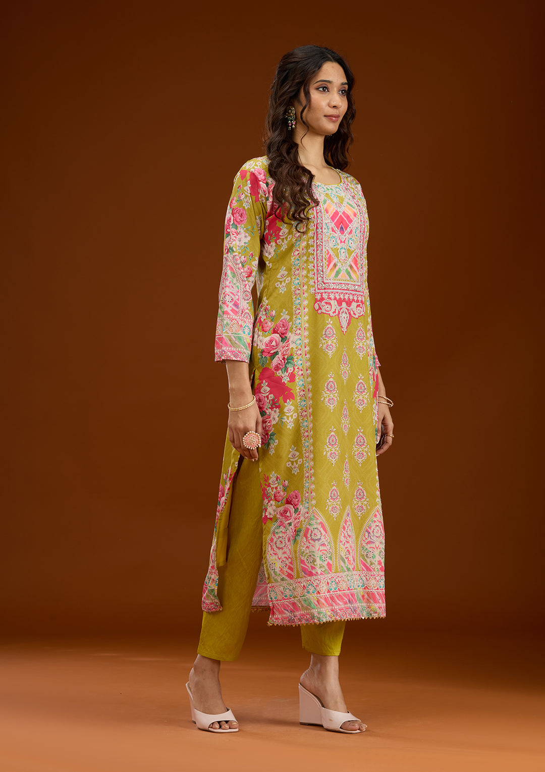 Mustard Stonework Semi Crepe Readymade Salwar Suit