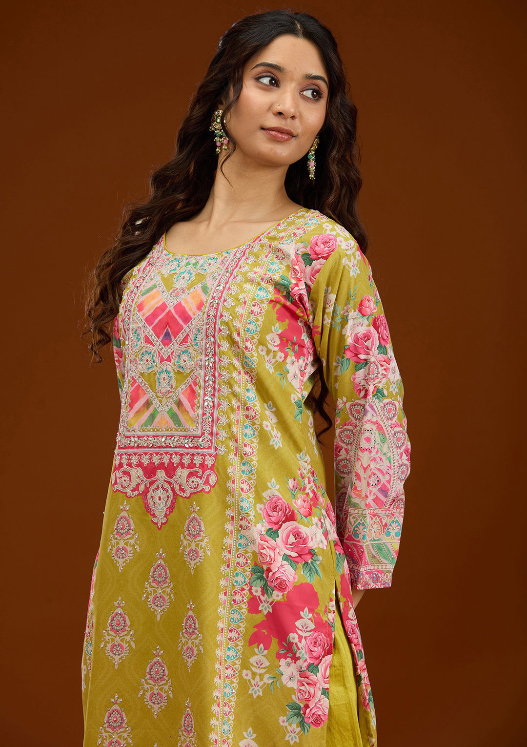 Mustard Stonework Semi Crepe Readymade Salwar Suit