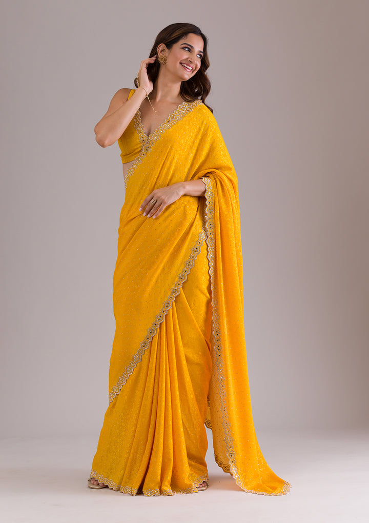 Mustard Stonework Semi Crepe Saree