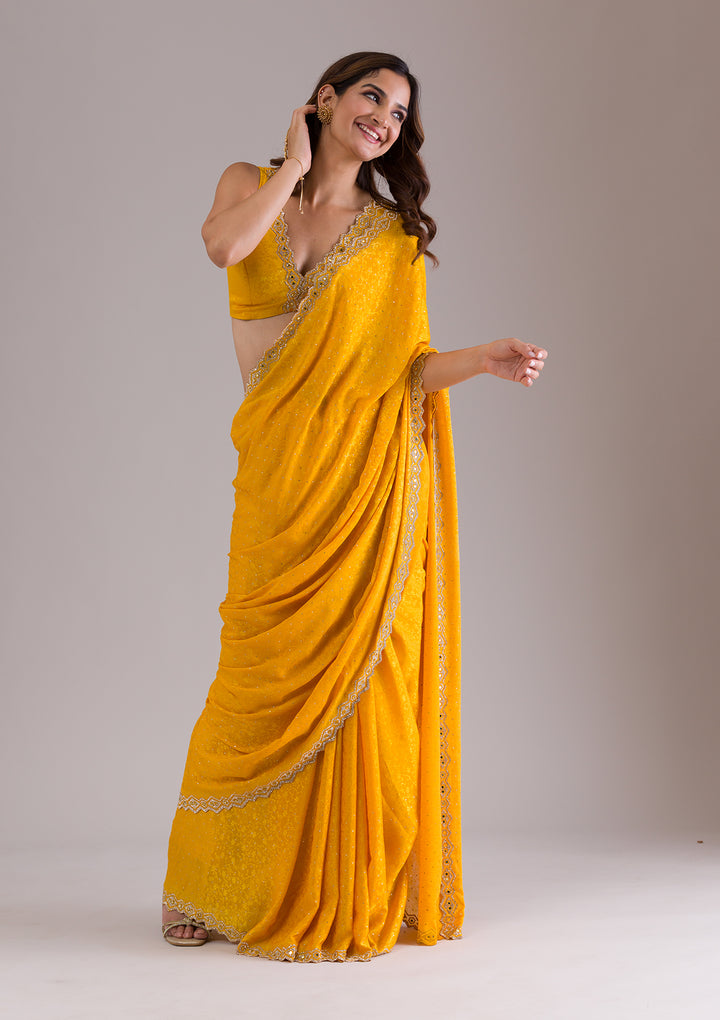 Mustard Stonework Semi Crepe Saree