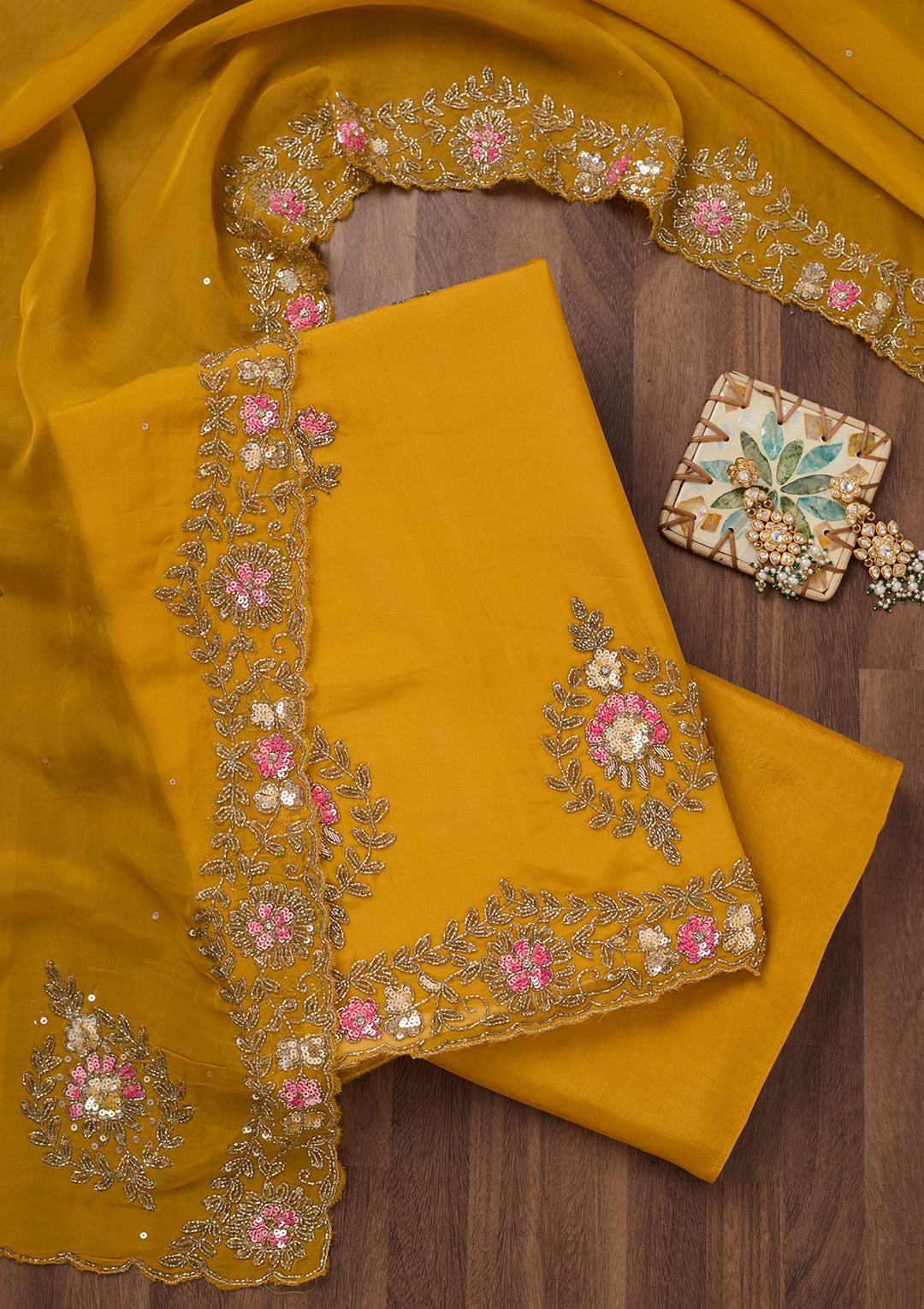 Mustard Stonework Tissue Unstitched Salwar Suit