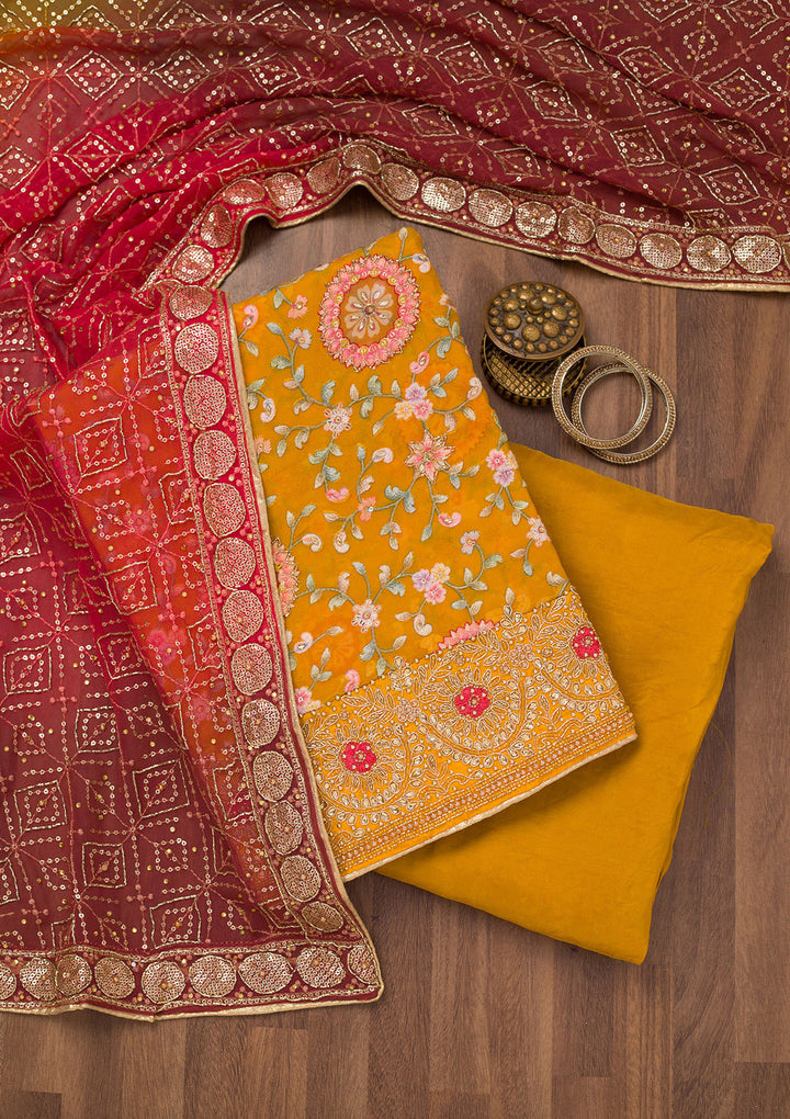 Mustard Yellow Crepe Gold Stonework Unstitched Dress Material With Matching Bottom And Dupatta