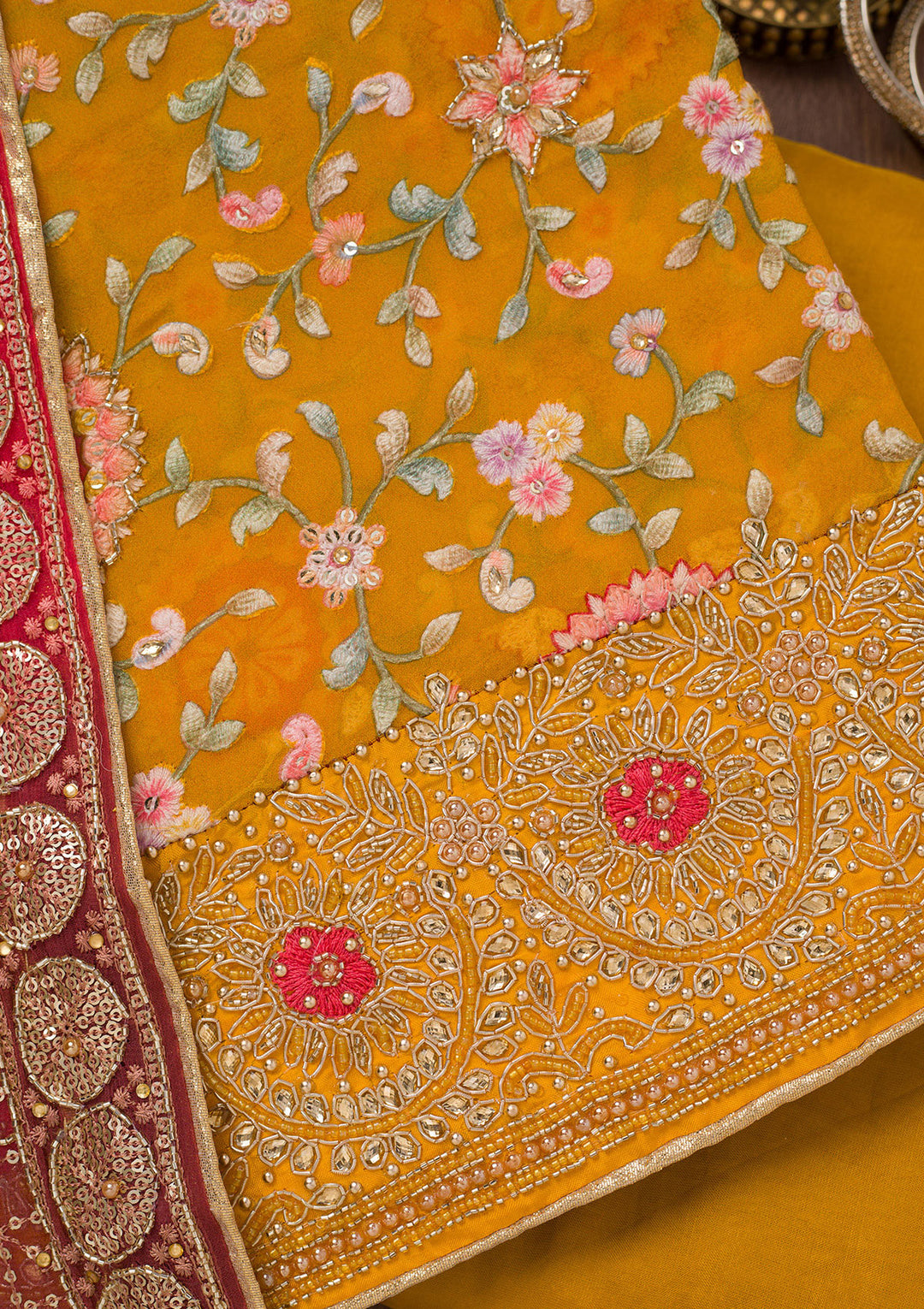 Mustard Yellow Crepe Gold Stonework Unstitched Dress Material With Matching Bottom And Dupatta
